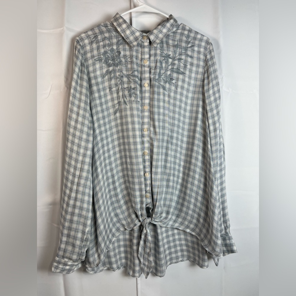 Knox Rose Womens Embroidered plaid button up shirt blouse blue button up sz XL
